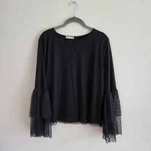 Pebble and Stone lined mesh black top with tiered bell sleeves Size L